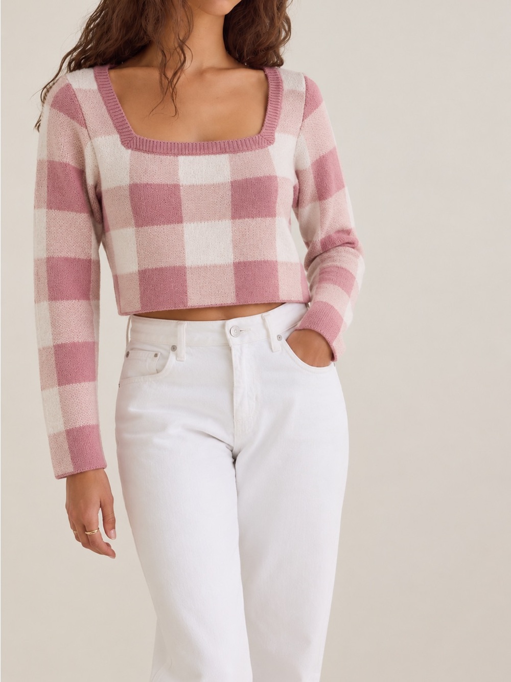 Altar’d State Square Neck Pink Plaid Cropped Sweater